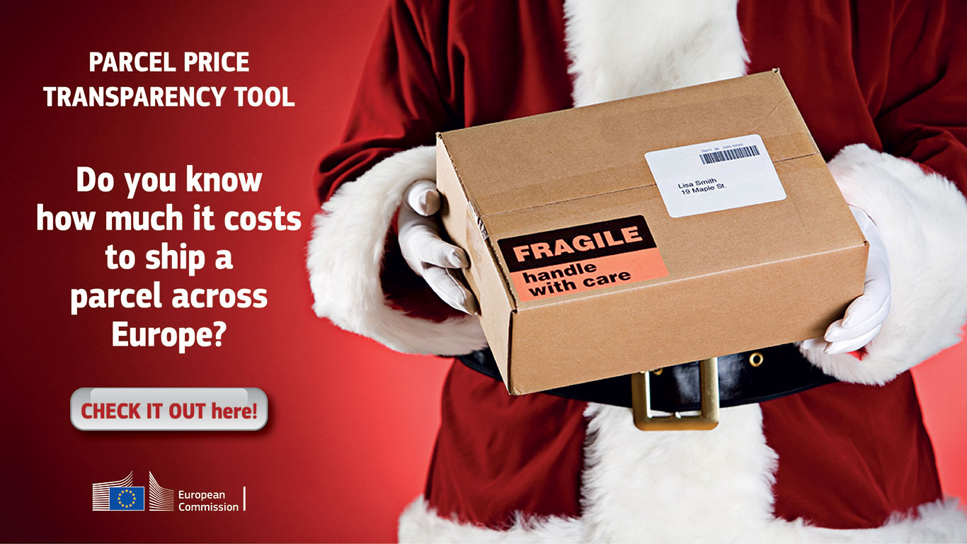 This image is a banner with a Santa who holds a postal parcel in his hands. On the left side there is a text: Parcel price transparency tool. Did you know how much it costs to ship a parcel across Europe? At the bottom there is a button with this label: Check it out here! By clicking on the image you'll be redirected to the website operated by the European Commission (EC). At the very bottom, we see the logo of the EC.