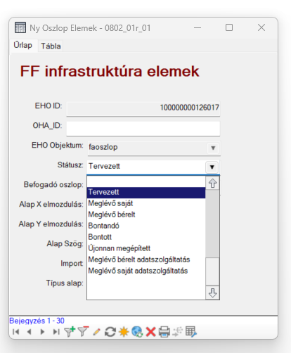Oszlop elem státuszának módosítása