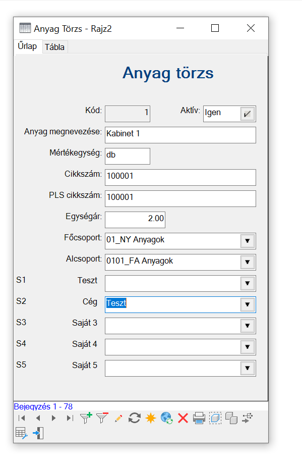 Az Anyag Törzs jellemző űrlap