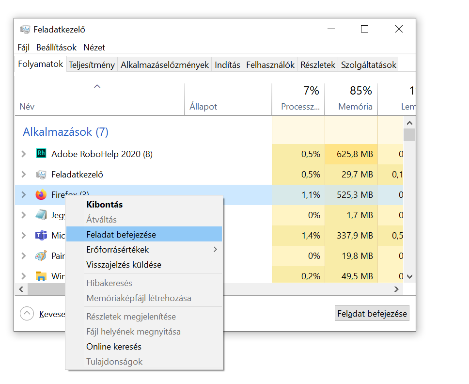 Feladatkezelőben program bezárása