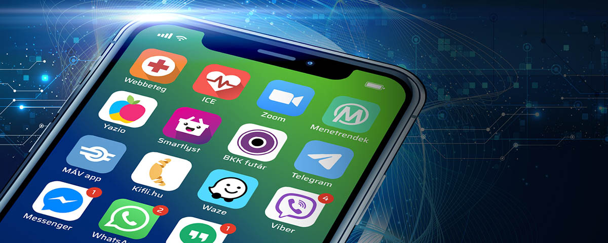 Display of a mobile phone with app icons. The background is a hi-tech abstract.